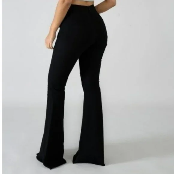 Flare leg Frayed hem Bell Bottom High waisted stretch denim Jeans 5 pocket soft - Picture 7 of 12